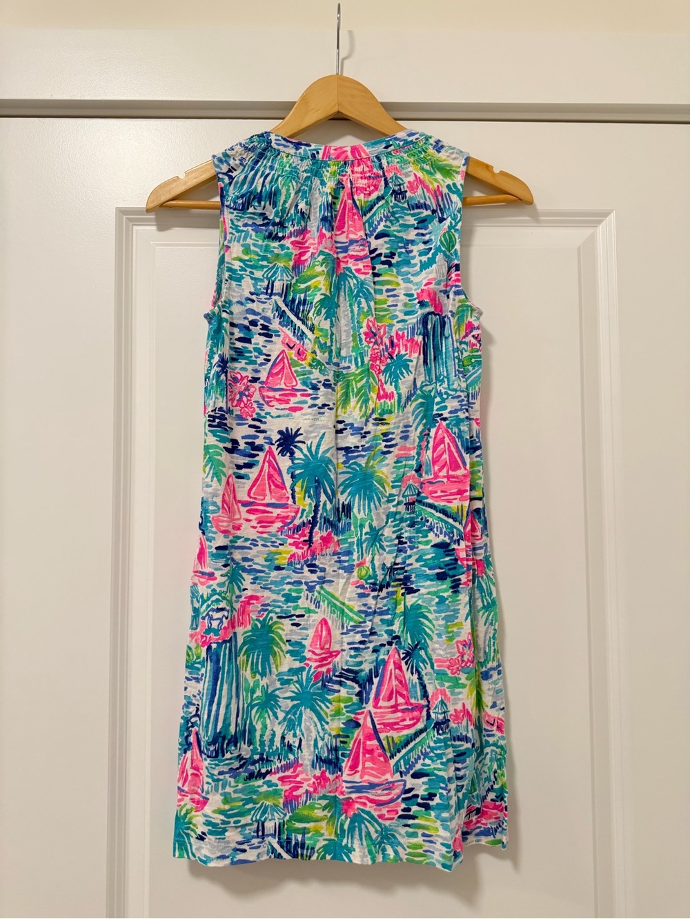 Lilly Pulitzer Sailboat Palm Print Sleeveless Dress Gold Buttons Resort